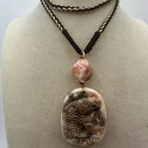 Handcrafted Coral Fossil Jade Fish Carving Pendant Necklace on Adjustable Rope